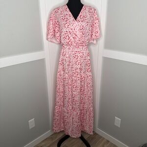 Fashion Floral Maxi Dress Women 2XL Pink Tiered Flutter Sleeve V-Neck